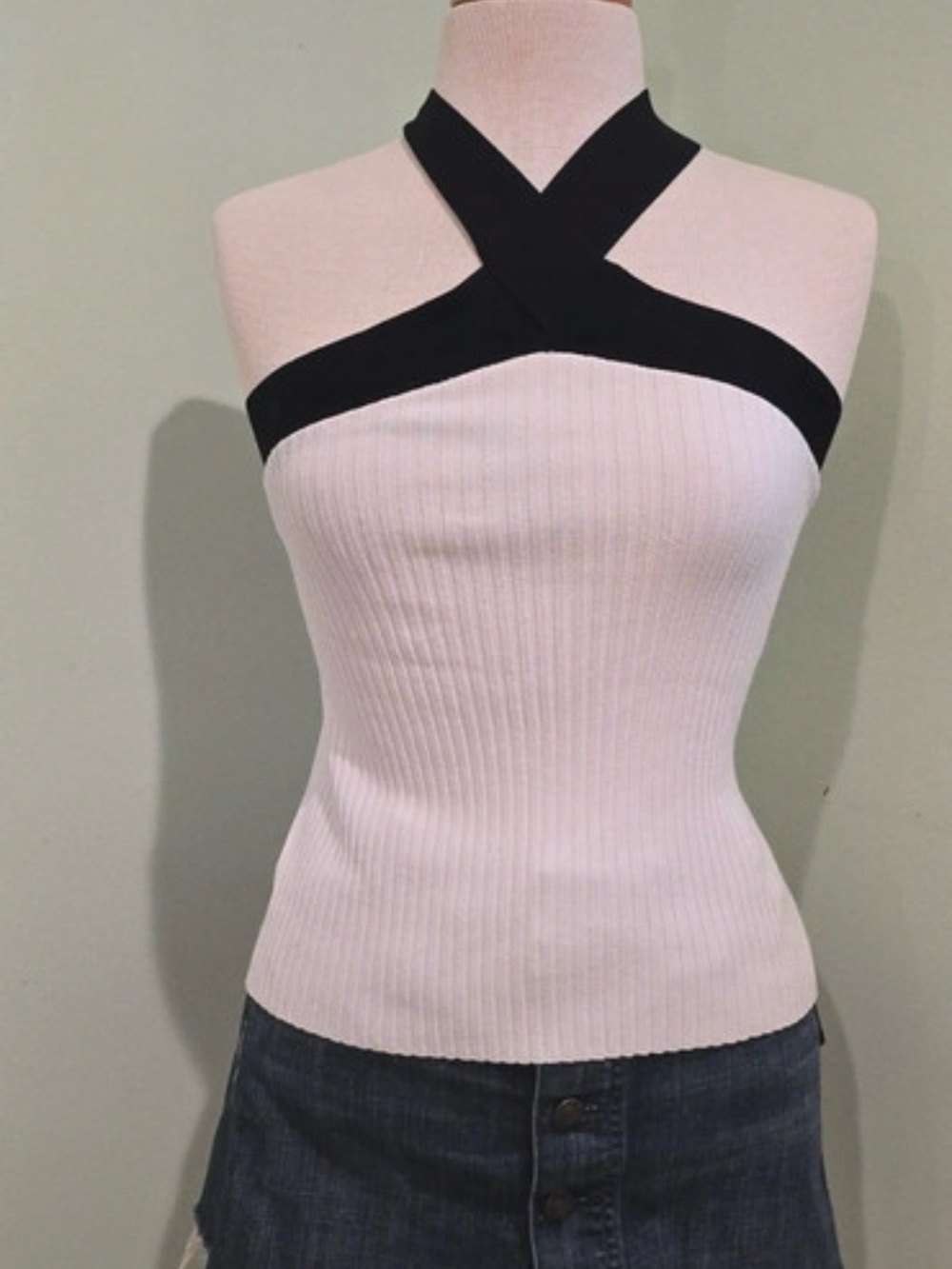 Ann-Taylor White Ribbed Halter Tank with Black Crisscross Straps